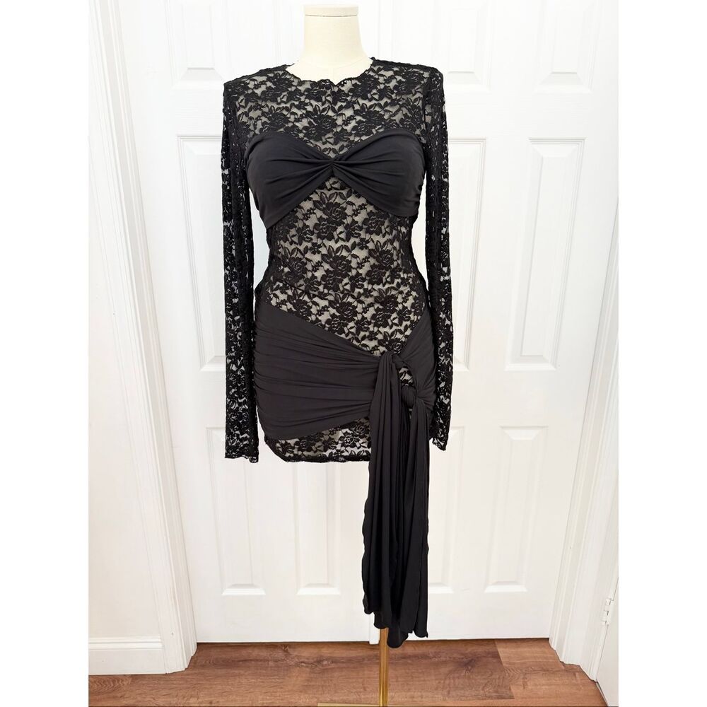 Lioness Midnight Tie Front Semi Sheer Lace Mini Dress Black Onyx Size 3XL NWT